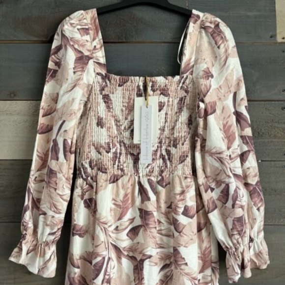 NWT HOUSE OF HARLOW 1960 SMOCKED OFF THE SHOULDER LINEN FLORAL MIDI DRESS - Picture 4 of 10